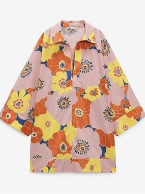 Zara Floral Popover Tunic in Pink, Yellow & Orange